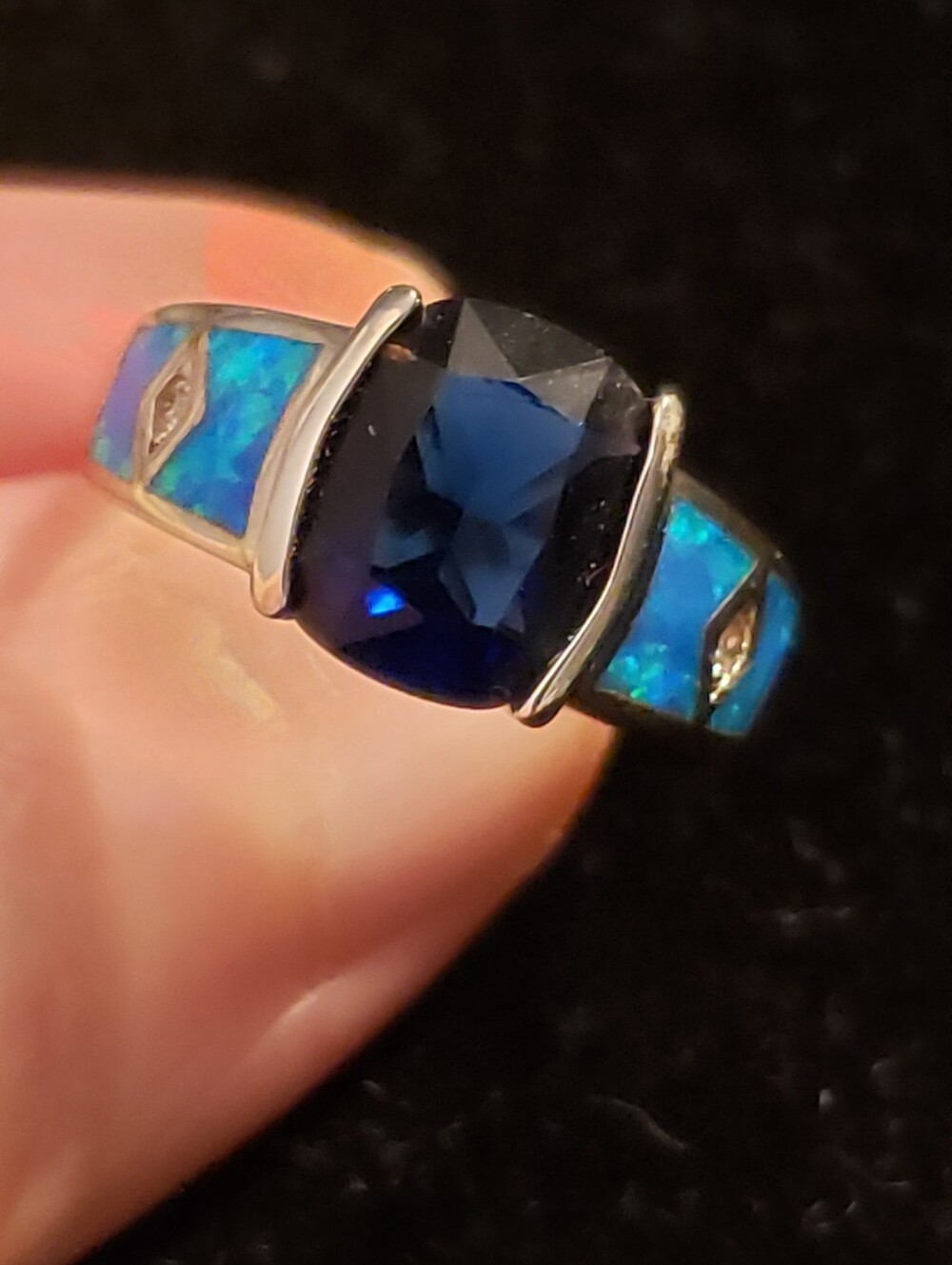 NEW Sapphire/Opal 925 Silv. Stamped Fashion Ring, Size 6-Deep Blue/ Blue-green.